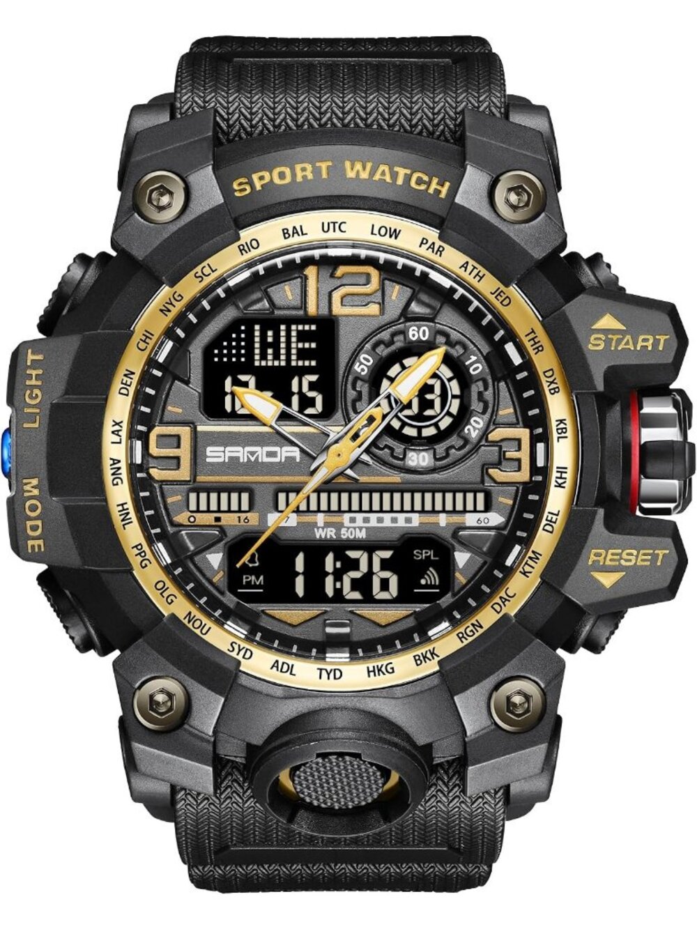 Men's Black Gold Sports Outdoor Waterproof Military Multi Function Tactics Watch